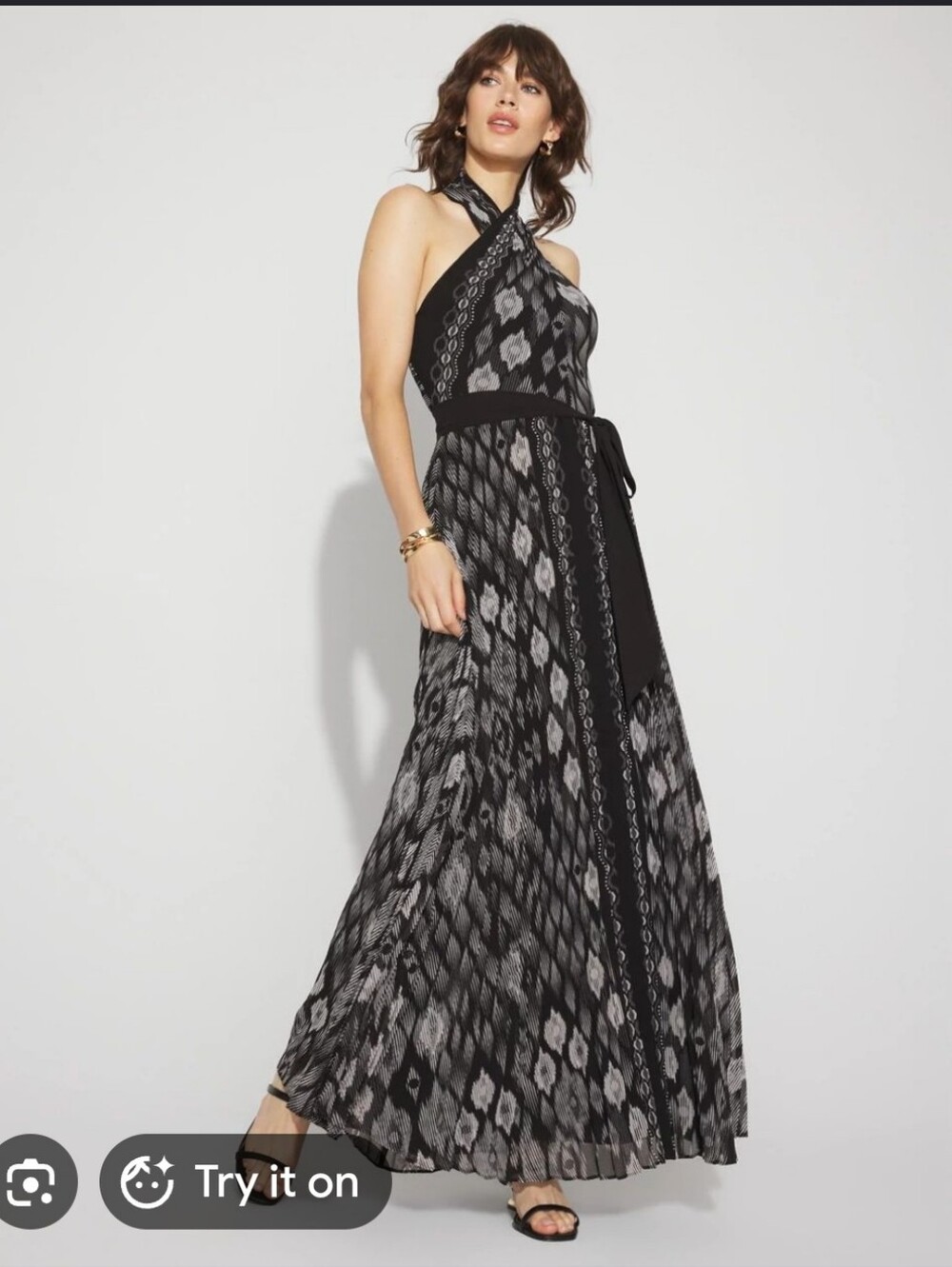 WHBM 12 Black White Halter Neck Pleated Ikat Wedding Formal Tie Waist Maxi Dress